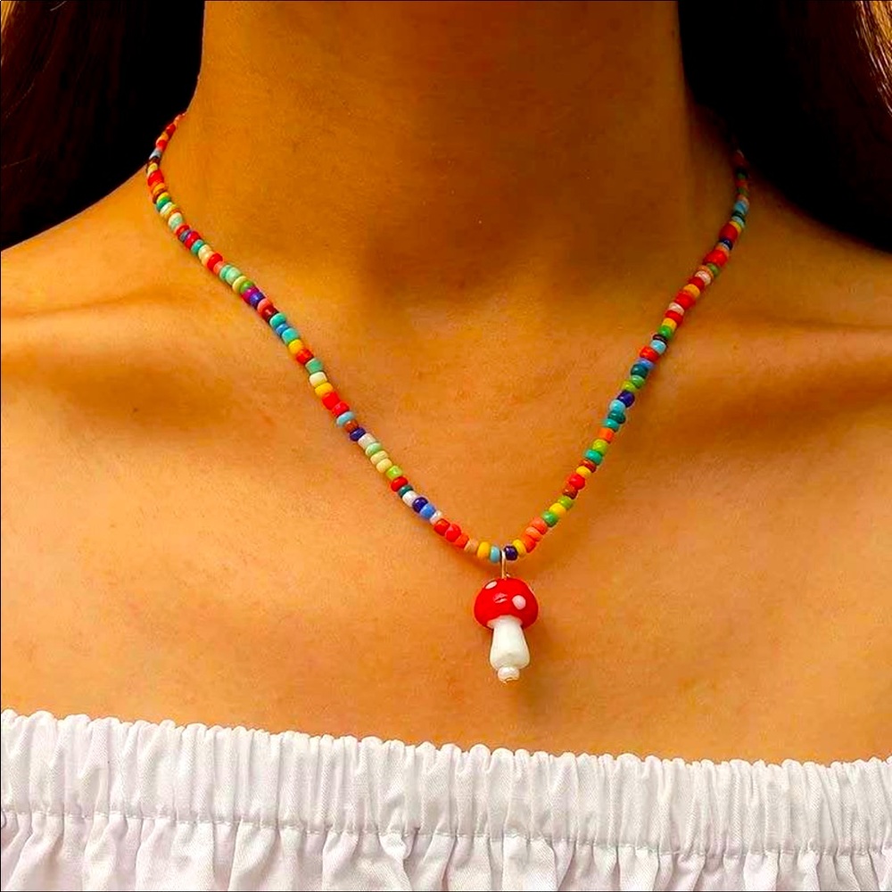 NWT Magical Mushroom Beaded Glass Toad Stool Necklace Fairy Grunge Boho